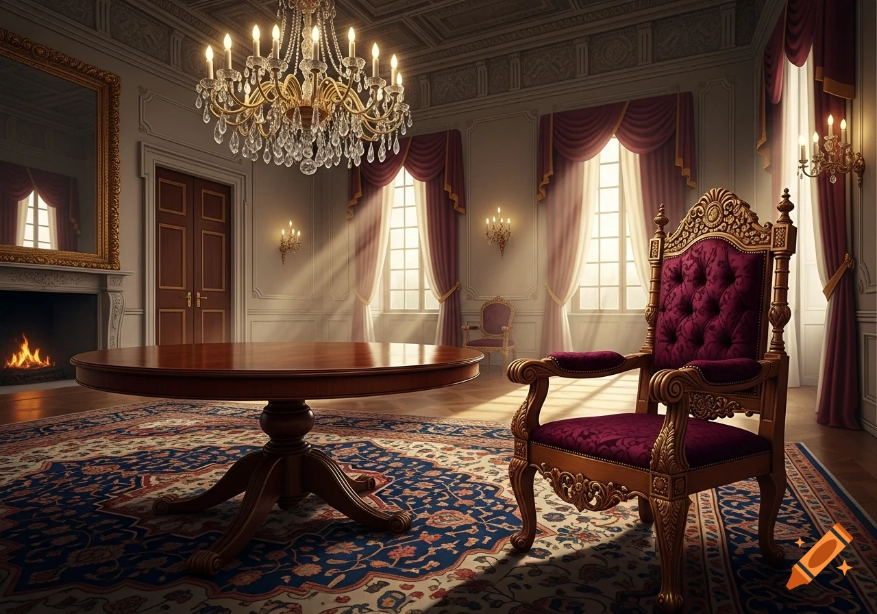 An opulent mansion room features a grand chandelier, a round wooden table, and a luxurious purple armchair, bathed in sunlight.