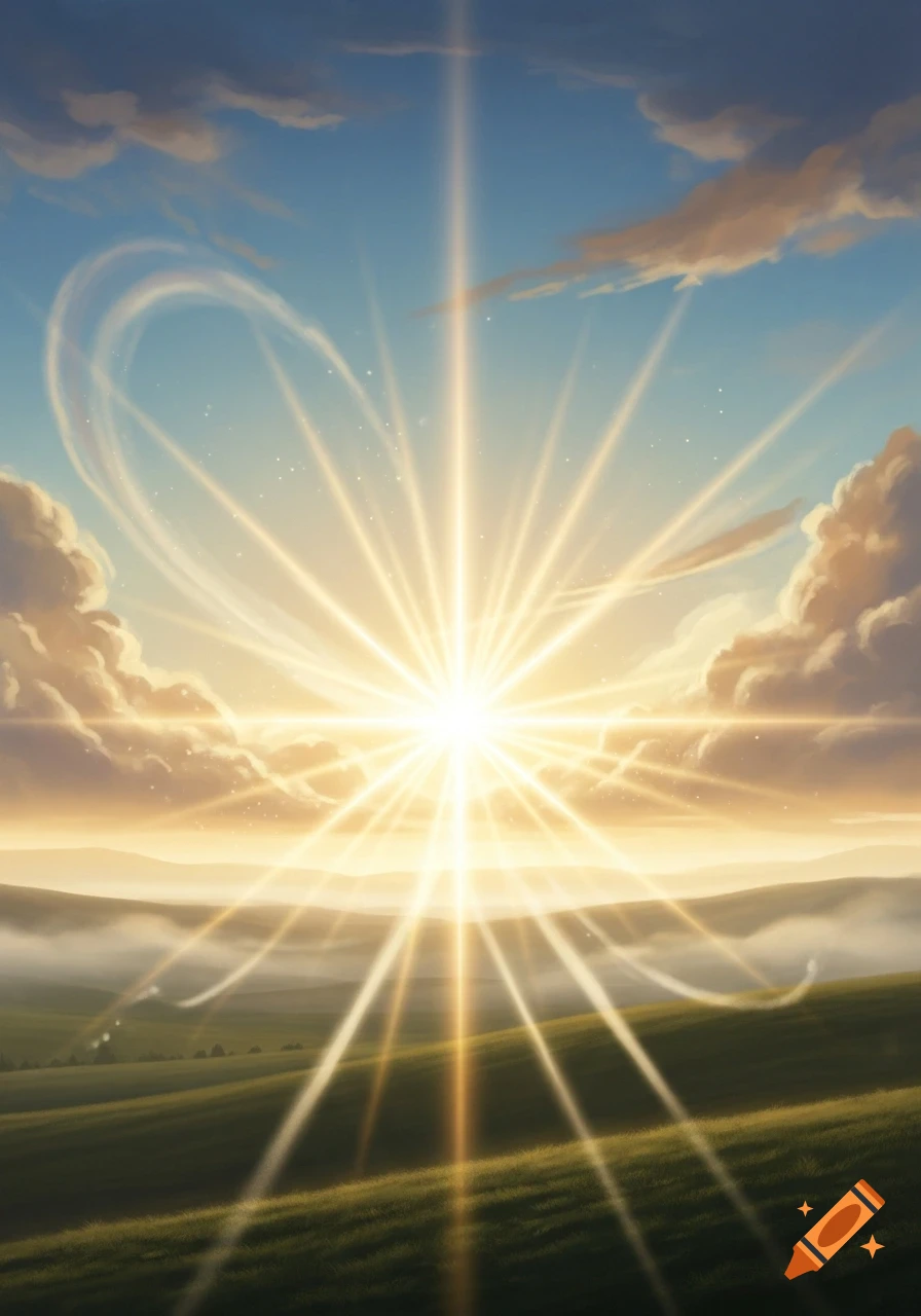 A vibrant landscape with a bright sunburst over rolling green hills and a blue sky with clouds.