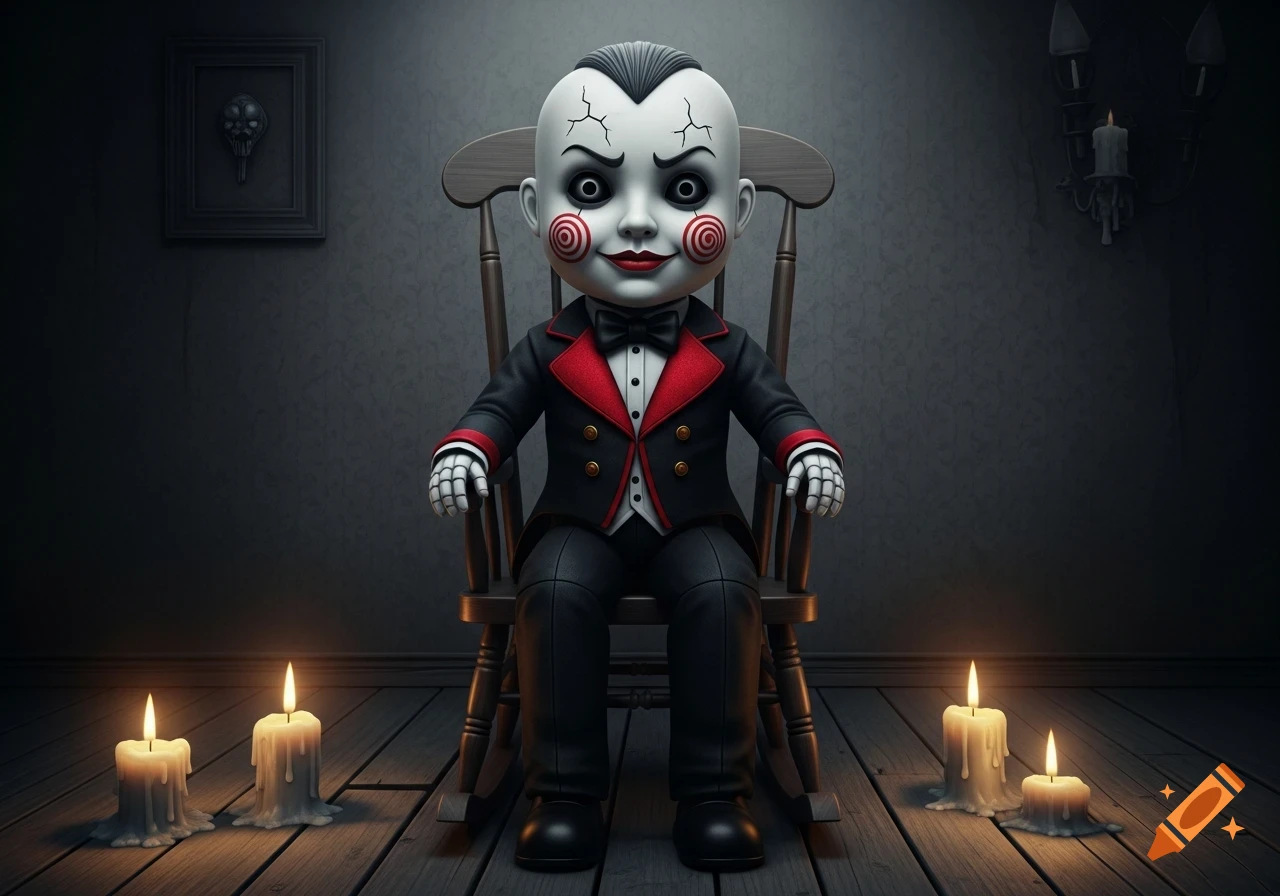 A creepy Jigsaw-like doll in a black and red suit sits in a rocking chair, surrounded by lit candles in a dark room.