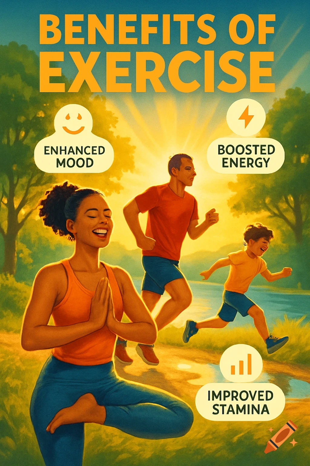 A vibrant digital art poster shows a woman doing yoga and a man with a boy running outdoors, under the heading "Benefits of Exercise" with points on mood, energy, and stamina.