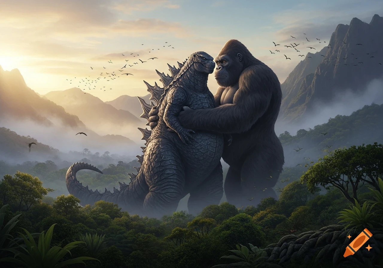 Godzilla and King Kong embrace in a misty jungle mountain landscape at sunrise, with birds flying.