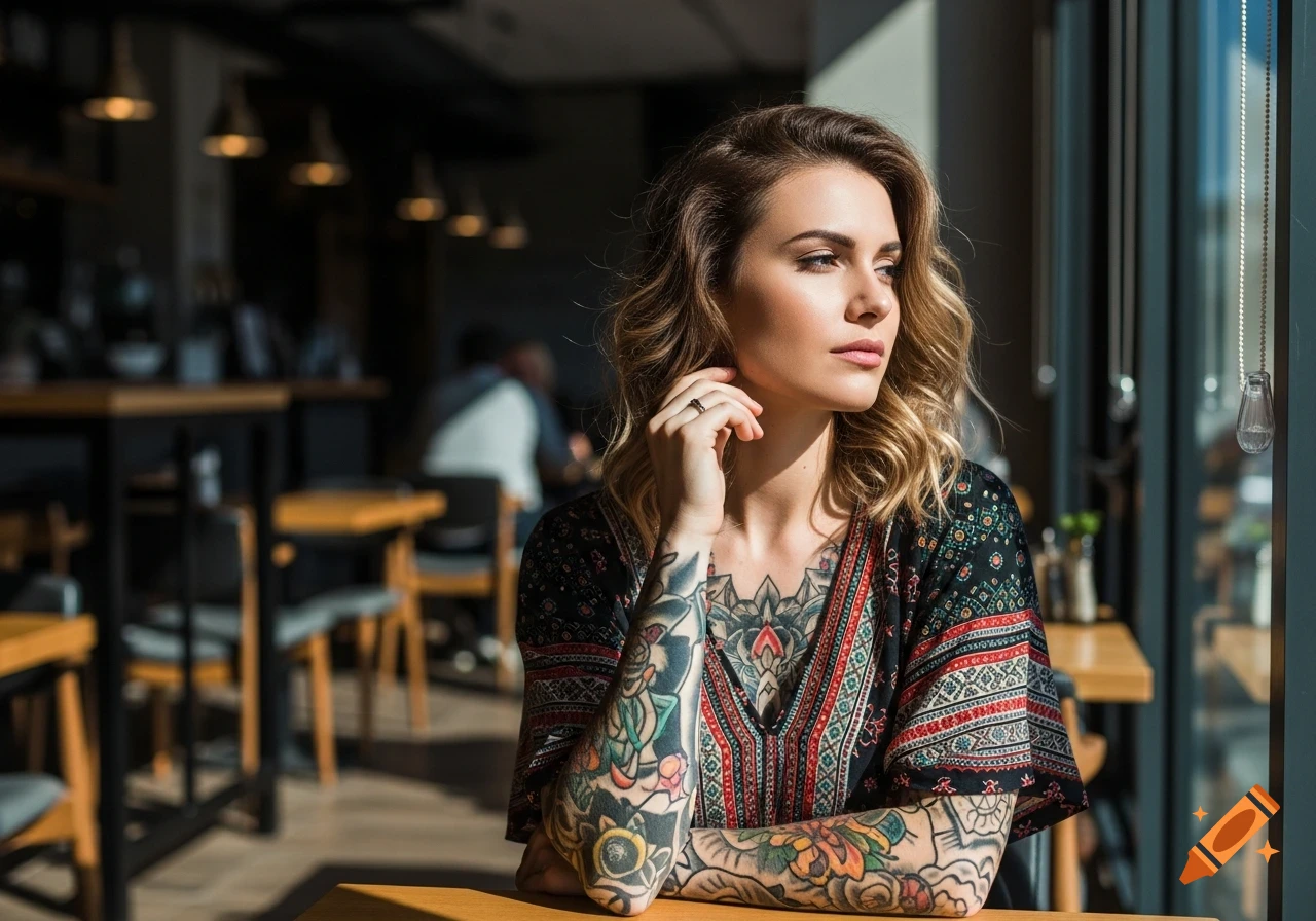 Photorealistic portrait of a woman with full sleeve and chest tattoos, looking contemplatively out a cafe window.