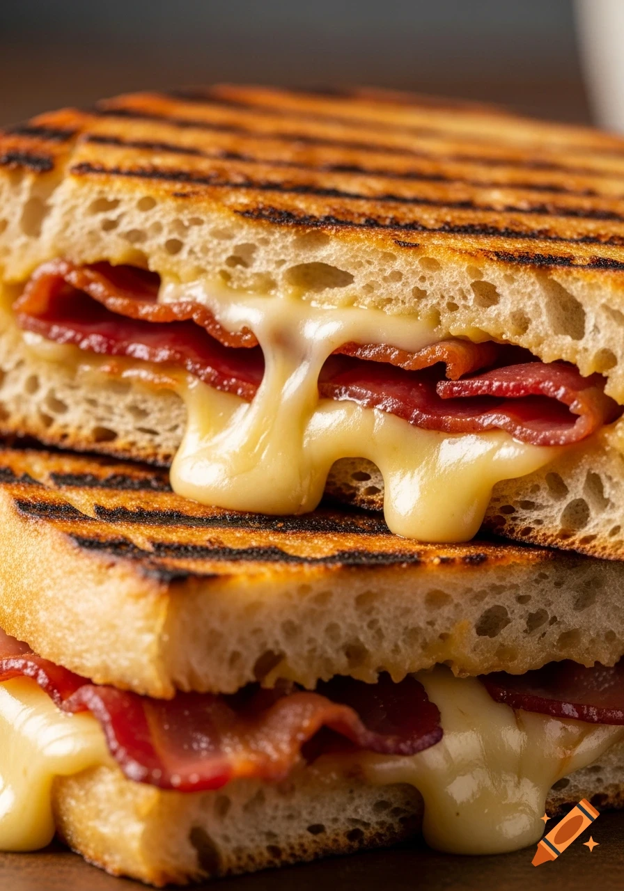 Close-up of a stacked grilled sourdough panini with oozing melted cheese and crispy bacon.