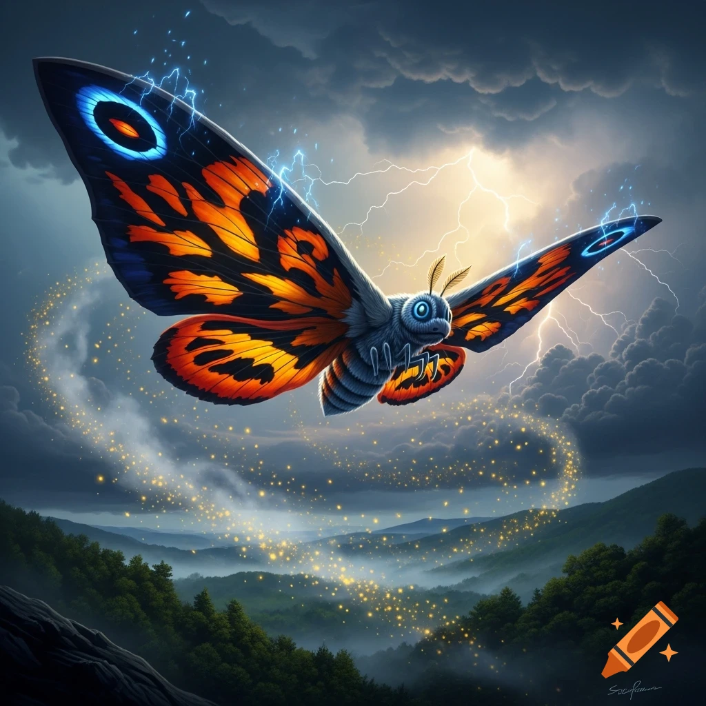 A giant Mothra with orange and black wings and glowing blue eyes flies through a lightning storm above misty mountains, leaving a trail of golden magic.