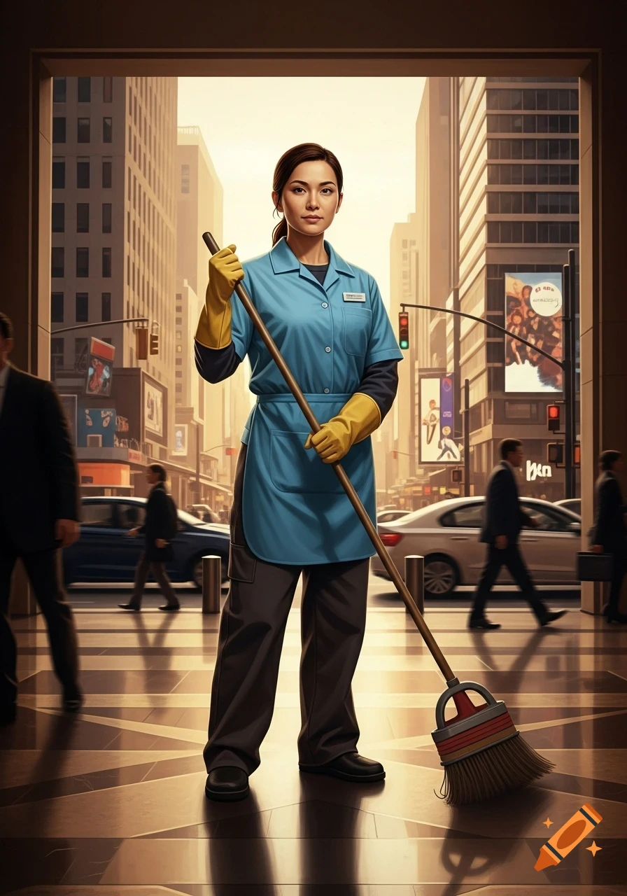 Photorealistic image of a cleaning woman in a blue uniform and yellow gloves holding a broom, standing in a city street.