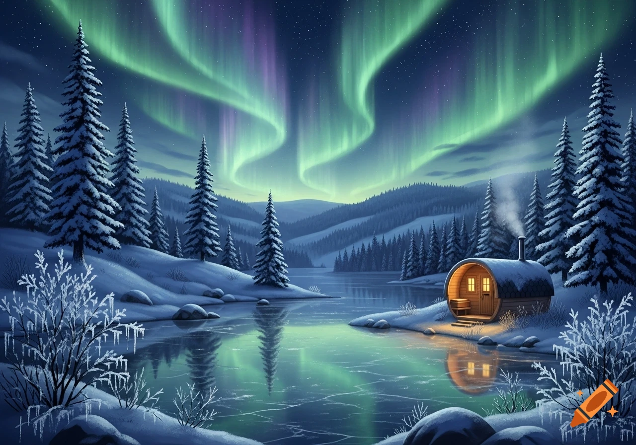 Vibrant aurora borealis over a snowy winter landscape with pine trees and a small, glowing cabin by a frozen lake at night.