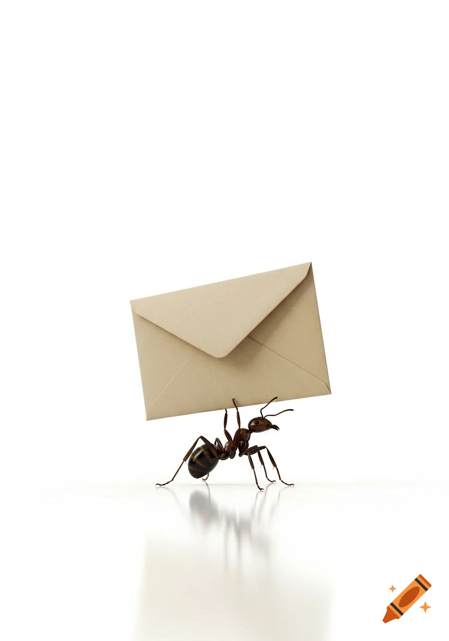 A photorealistic ant carries a large beige envelope across a reflective white surface.
