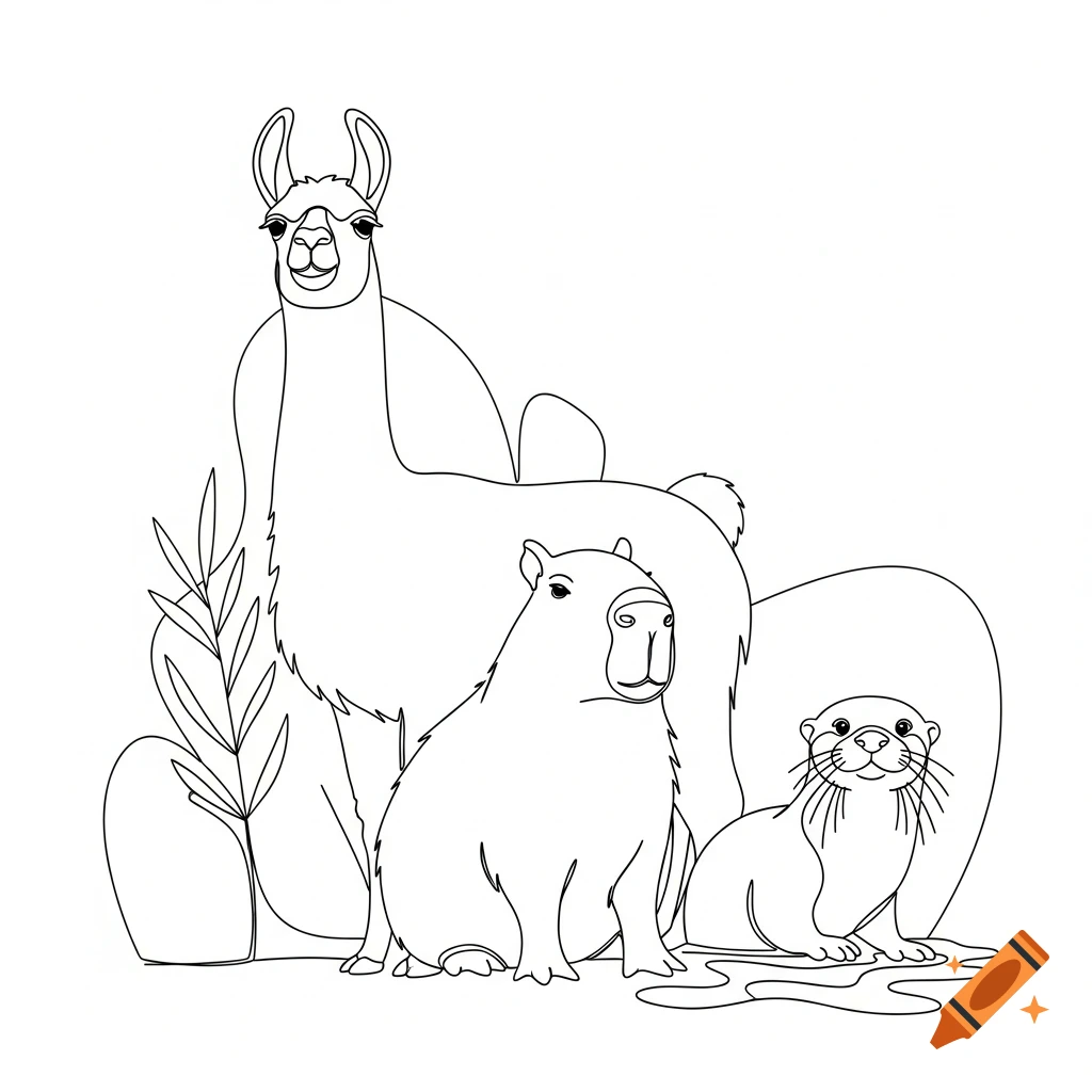Line drawing of a llama, capybara, and otter standing together.
