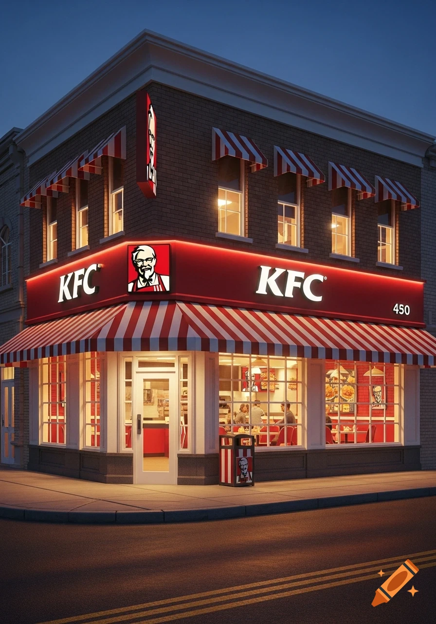 A photorealistic image of a KFC restaurant at dusk, with glowing red and white signs, striped awnings, and a visible interior.
