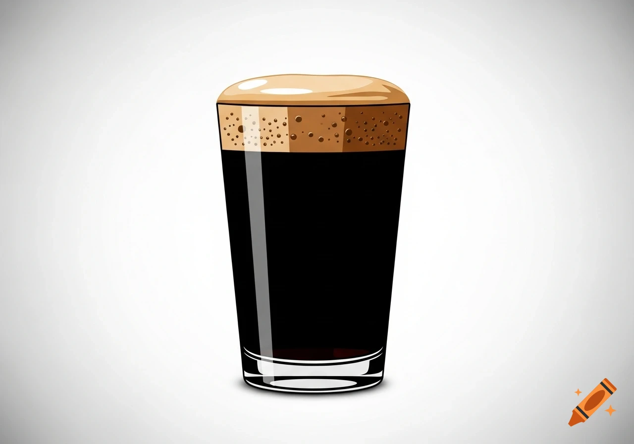 Illustration of a glass of dark beer with a thick, light brown foam head on a light gray background.