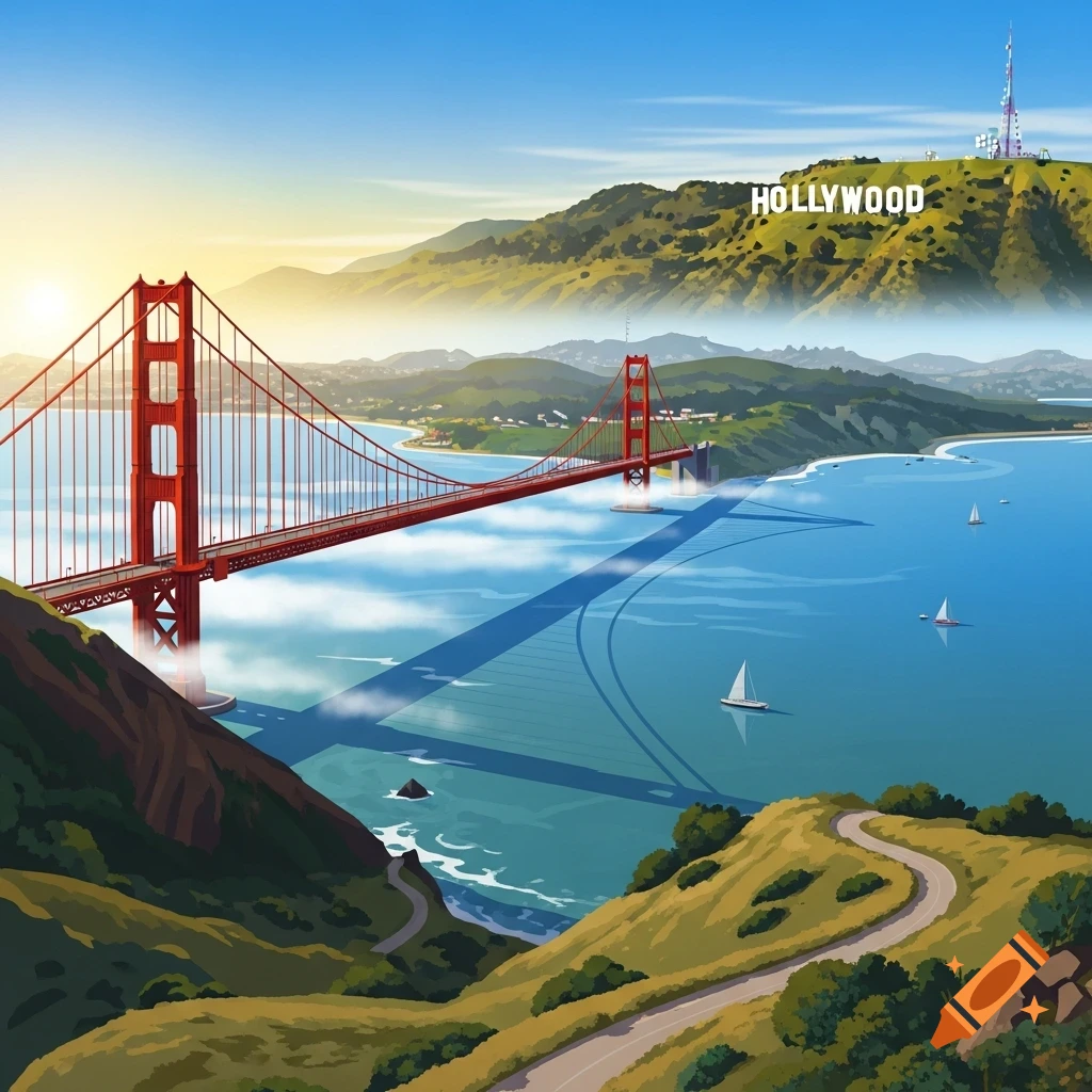 Illustrated landscape featuring the Golden Gate Bridge over a bay, with the Hollywood Sign visible on a distant green hill under a sunny sky.