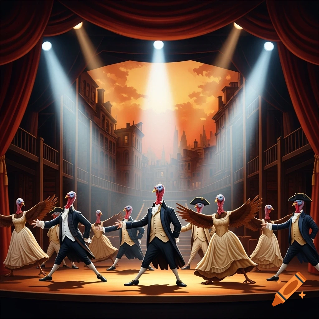 Turkeys in historical suits and dresses perform on a theatrical stage with red curtains and a city backdrop at sunset.