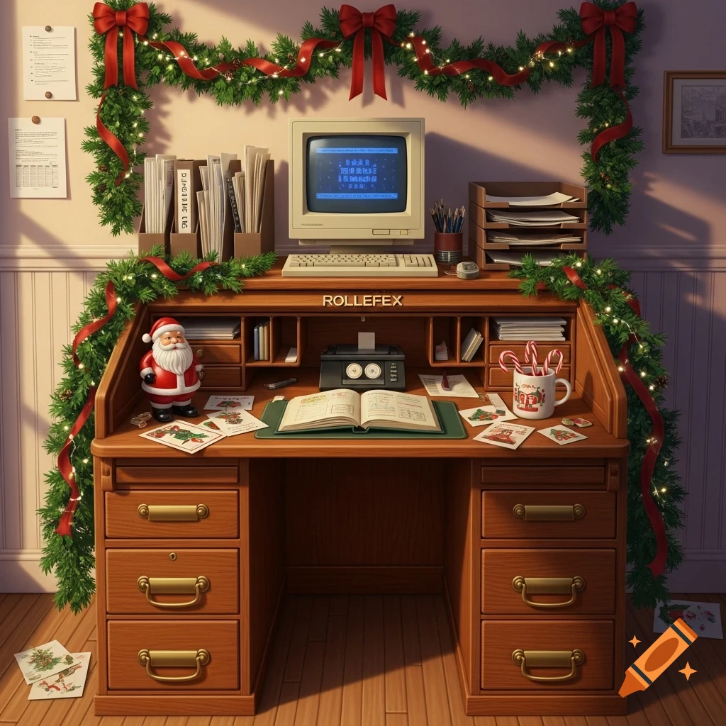 A vintage wooden roll-top desk decorated for Christmas, featuring a 1990s computer, a Santa figurine, and scattered Christmas cards.