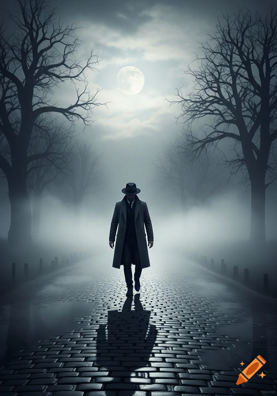 A man in a trench coat and fedora walks down a misty cobblestone road at night under a full moon, framed by bare trees.