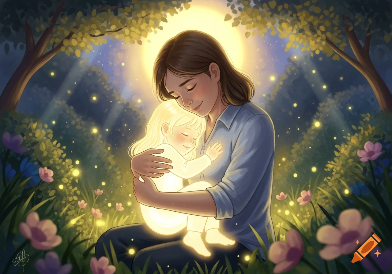 Illustrated mother cradling a glowing child in a magical forest filled with fireflies.