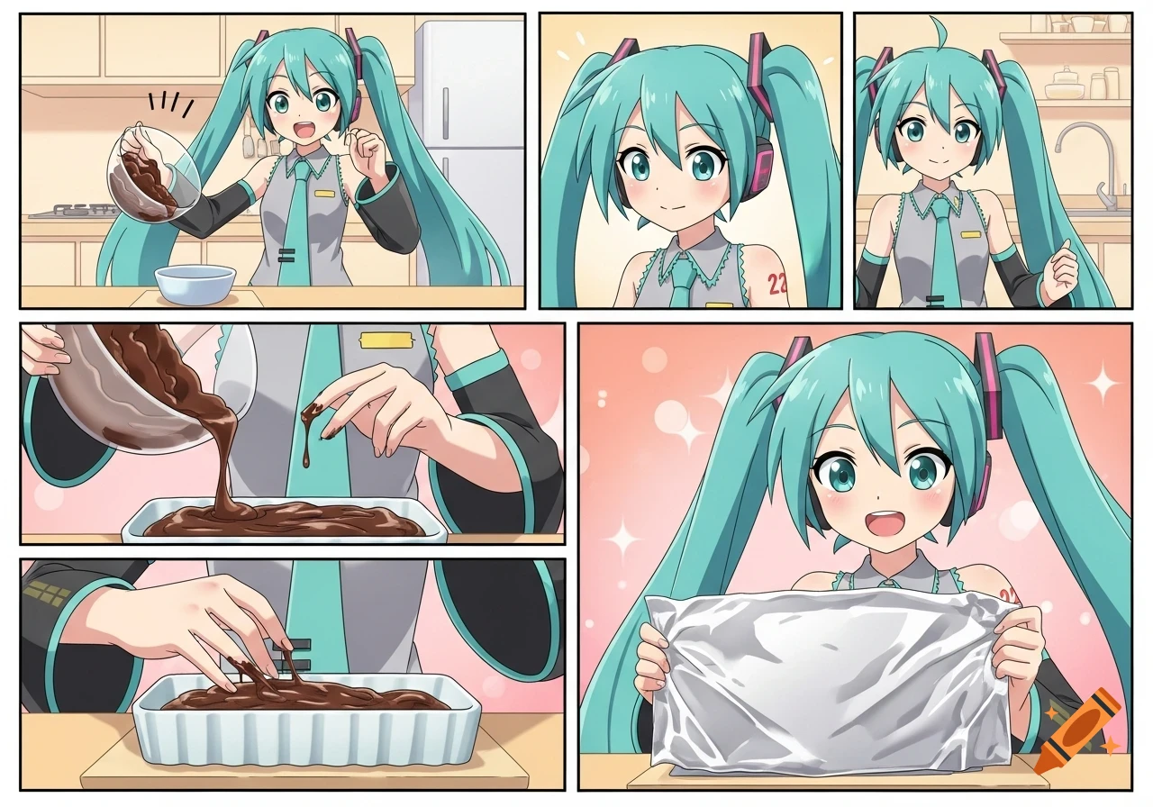 Hatsune Miku in a six-panel anime comic making brownies in a kitchen.