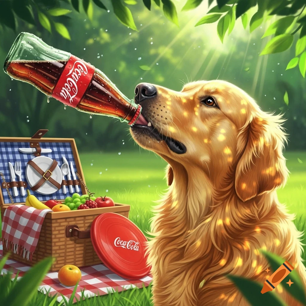 A golden retriever drinks from a Coca-Cola bottle during a sunny picnic with a basket and frisbee.
