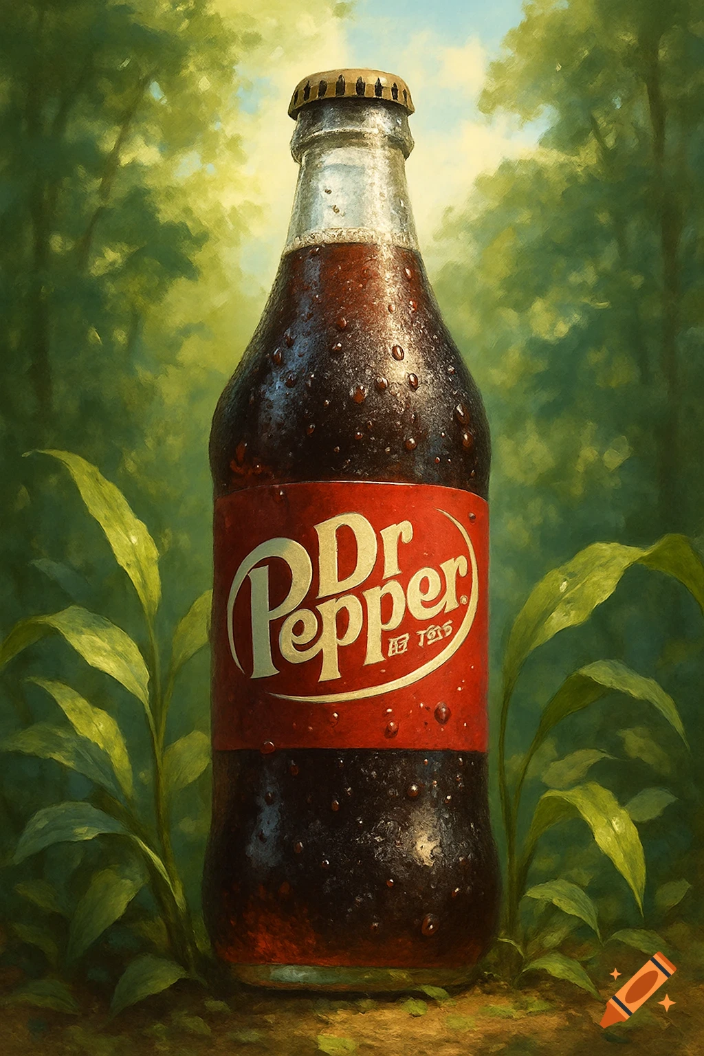 A condensation-covered Dr Pepper bottle with a red label stands amidst lush green foliage, rendered in a painted art style.
