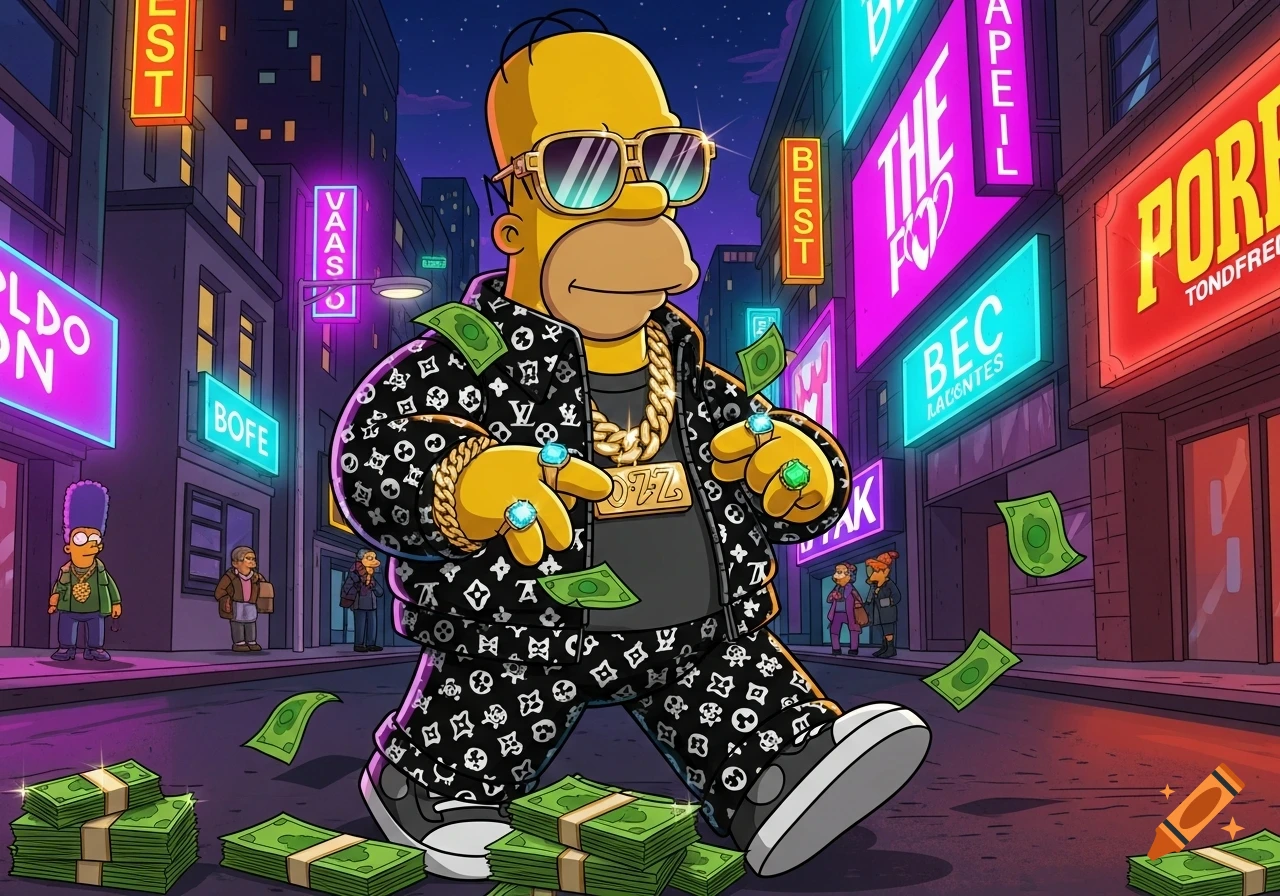 Homer Simpson wearing sunglasses, a large gold chain, and a black jacket with a white pattern, surrounded by falling money and stacks of cash on a neon-lit city street at night. Other characters stand in the background.