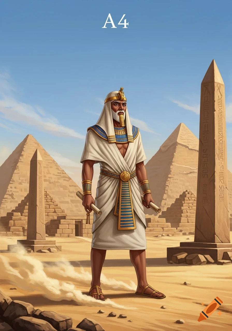 An ancient Egyptian architect in white robes, holding scrolls, stands in a desert with pyramids and obelisks in the background.