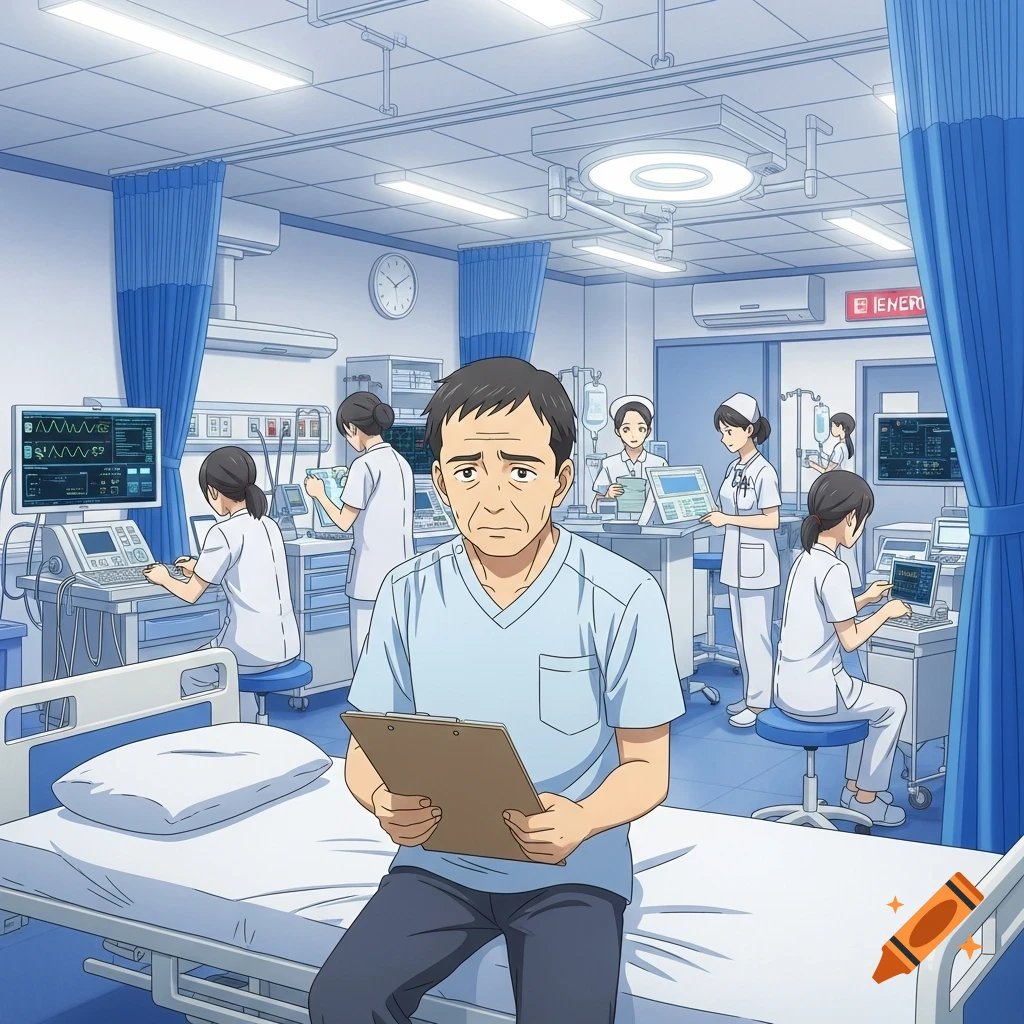 An anime illustration of a man with a clipboard sitting on a hospital bed in a busy emergency room with nurses and medical equipment.