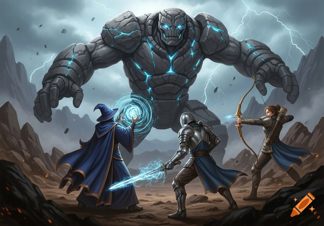 A wizard, knight, and archer united against a massive, glowing blue stone golem in a stormy, rocky landscape with lightning.