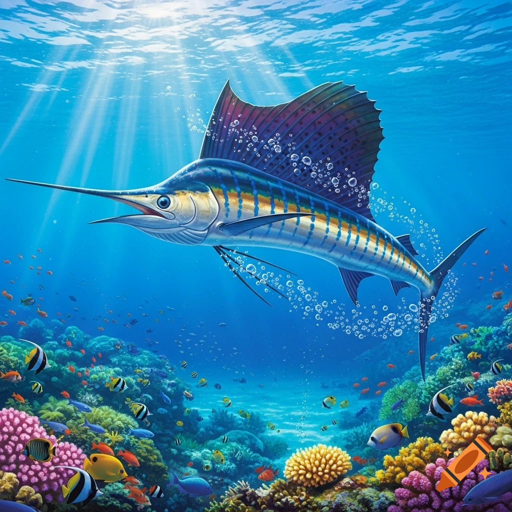 A vibrant sailfish with blue and yellow stripes swims in a sunny underwater coral reef scene, surrounded by colorful fish.