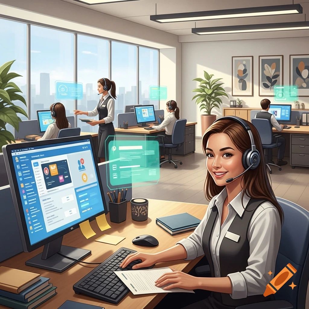 A smiling woman with a headset works at a computer in a modern, brightly lit office, with other call center employees in the background.