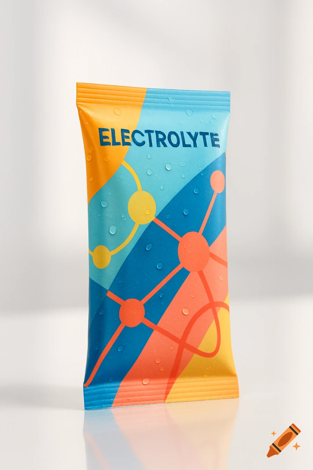 A brightly colored electrolyte packet with "ELECTROLYTE" text and water droplets on a white background.
