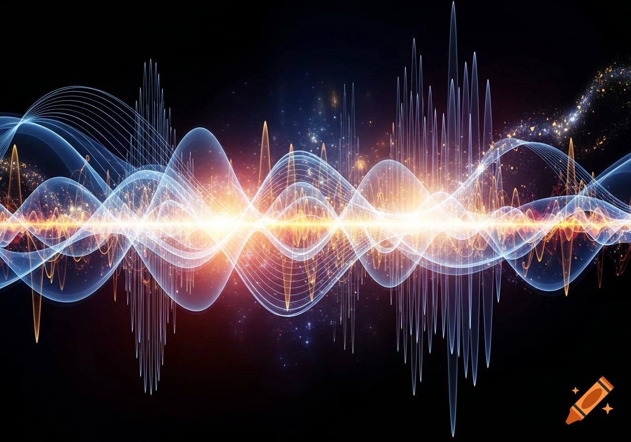 Abstract glowing light waves and sound frequencies in blue and orange on a dark background.