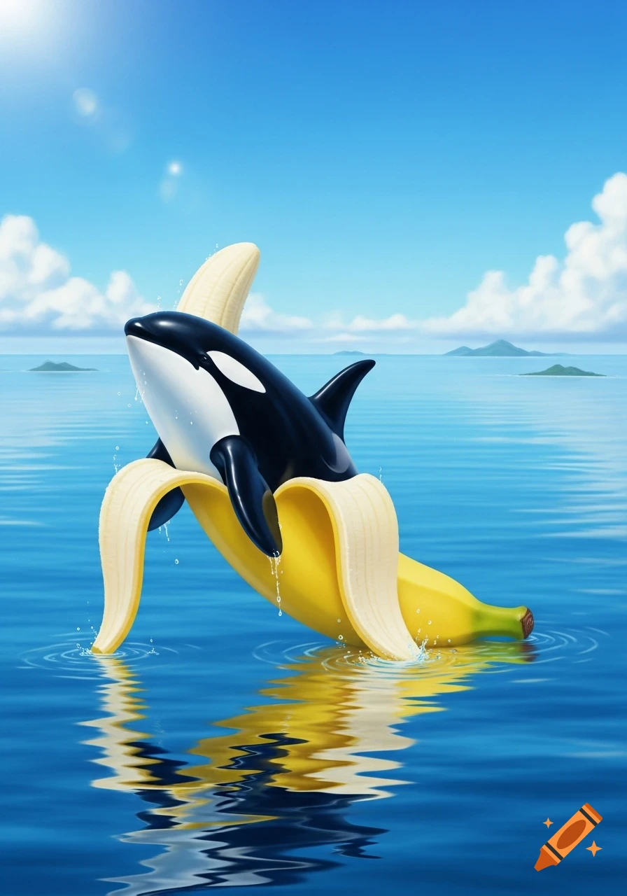A cartoon orca playfully emerges from a peeled banana floating in a bright blue tropical ocean under a sunny sky.