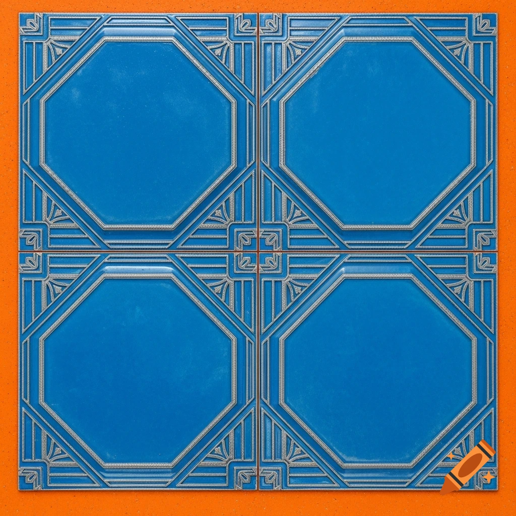 Four blue Art Deco-style octagonal tiles with silver patterns and electric orange grout.