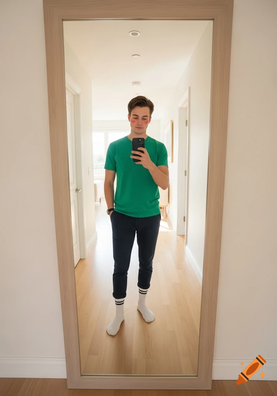 A young man with red heart blushes on his cheeks takes a mirror selfie in a green t-shirt, dark pants, and white striped socks, standing in a bright home hallway.