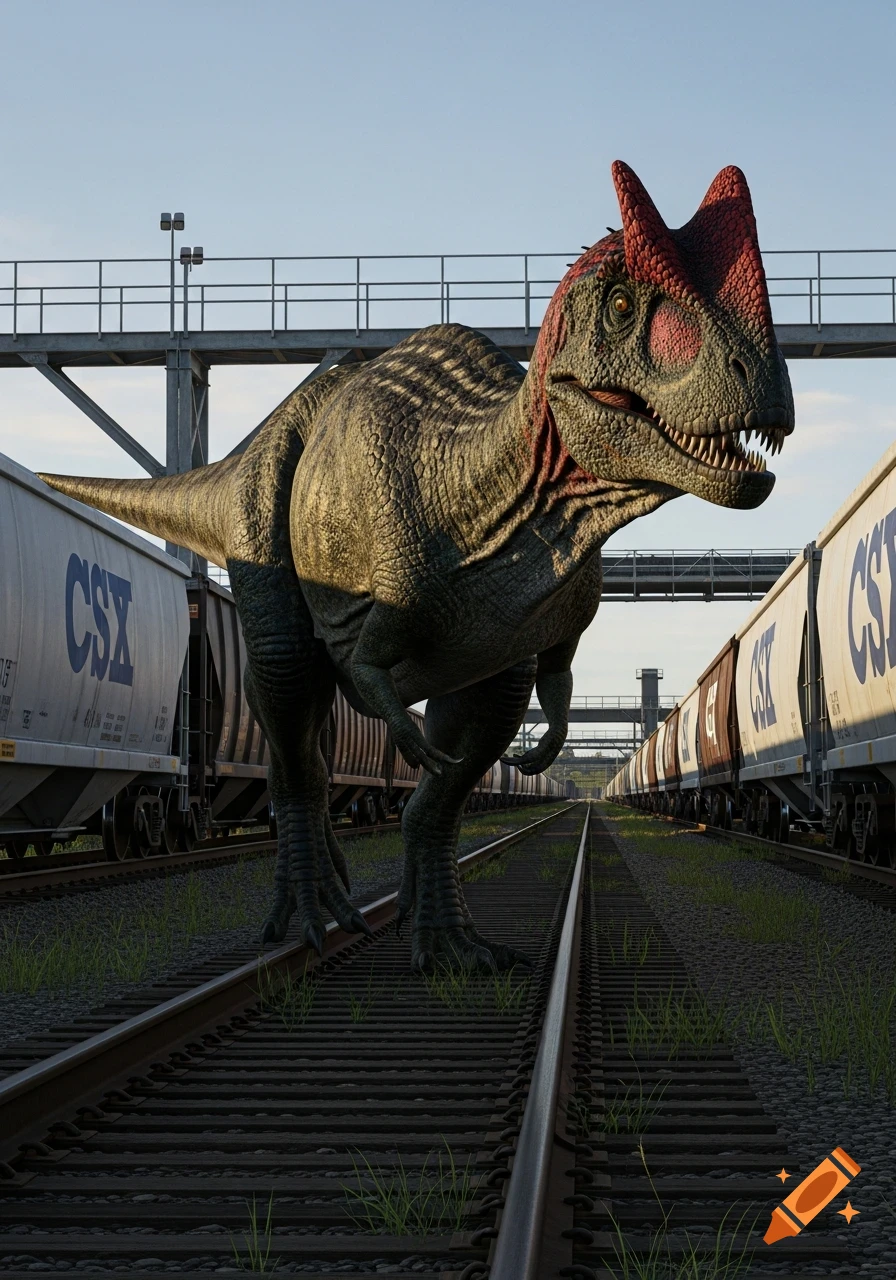 A photorealistic, scientifically accurate allosaurus with prominent red crests stands between train tracks in a CSX railroad yard.