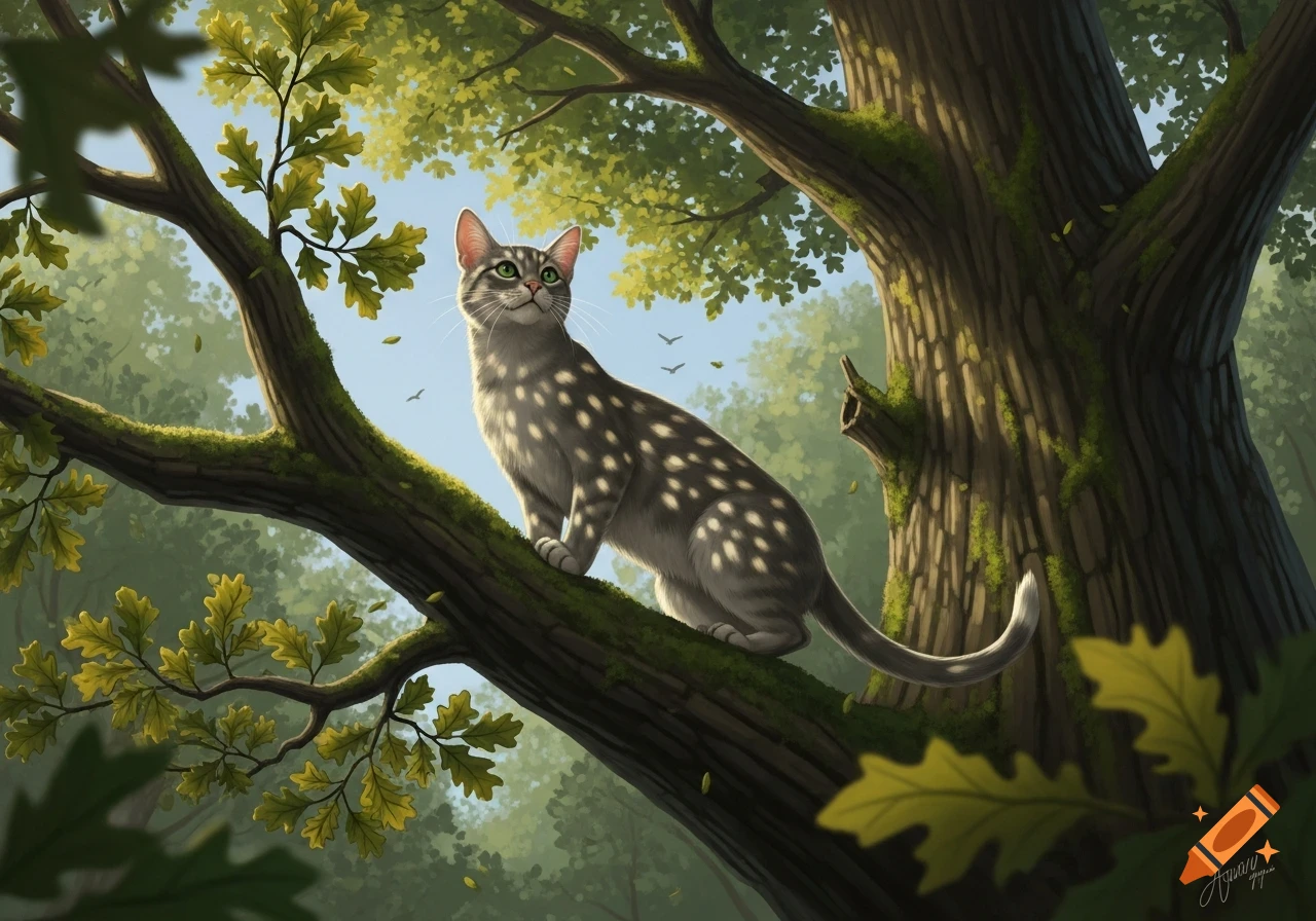 A gray tabby cat with green eyes sits on a mossy tree branch, dappled ...