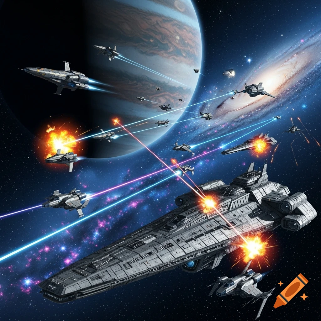 Spaceships firing lasers and exploding in a chaotic space battle near a large gas giant planet and a spiral galaxy.