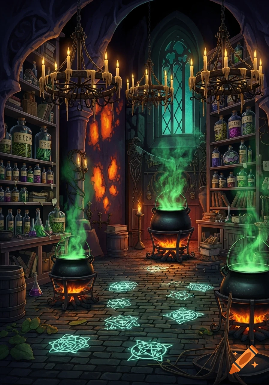A dark, atmospheric witch's kitchen with three glowing green cauldrons, potion shelves, chandeliers, and magical symbols on the floor.