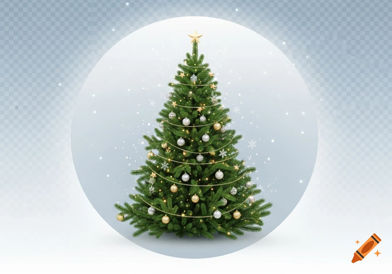 A festive green Christmas tree adorned with gold and silver ornaments, string lights, and a star on top, set within a snowy light blue circle with a transparent background.