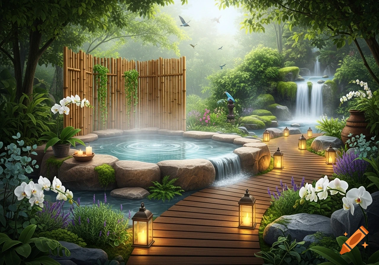 Serene outdoor spa with a steaming rock pool, waterfall, bamboo screen, wooden path with lanterns, and lush greenery.