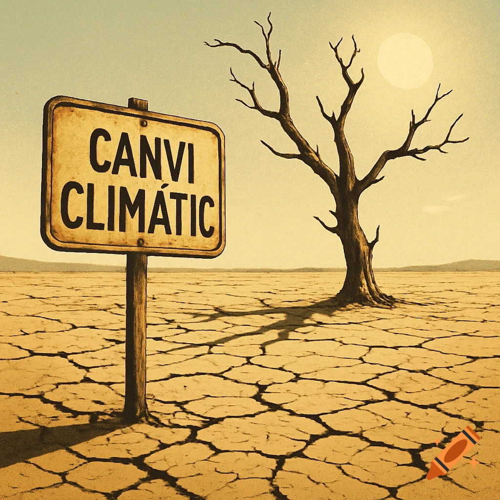 A desolate, dry cracked desert landscape with a dead tree and a sign reading 'CANVI CLIMÁTIC' under a hazy sun.