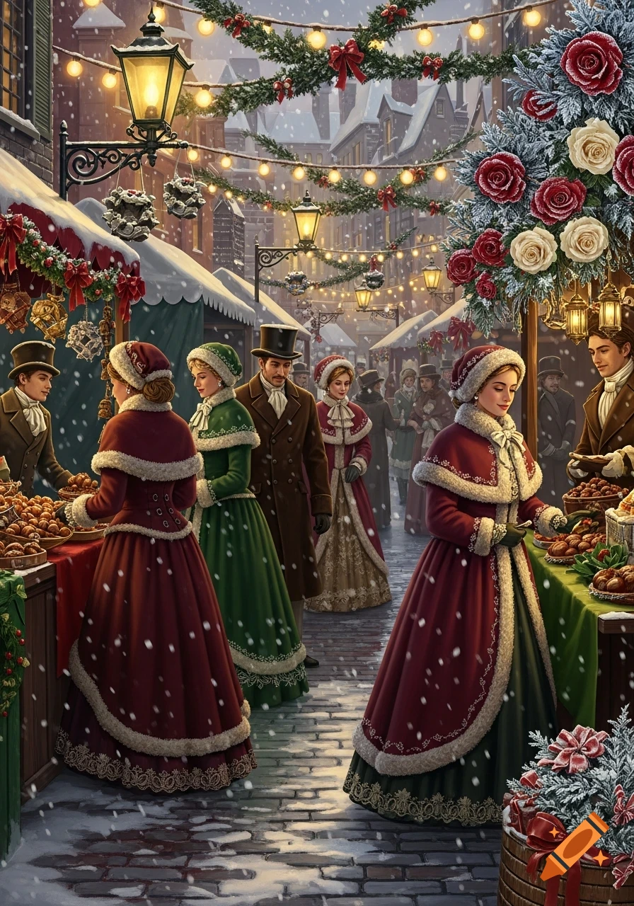 A detailed illustration of a snowy Victorian Christmas market bustling with people in period attire, decorated with garlands and string lights.