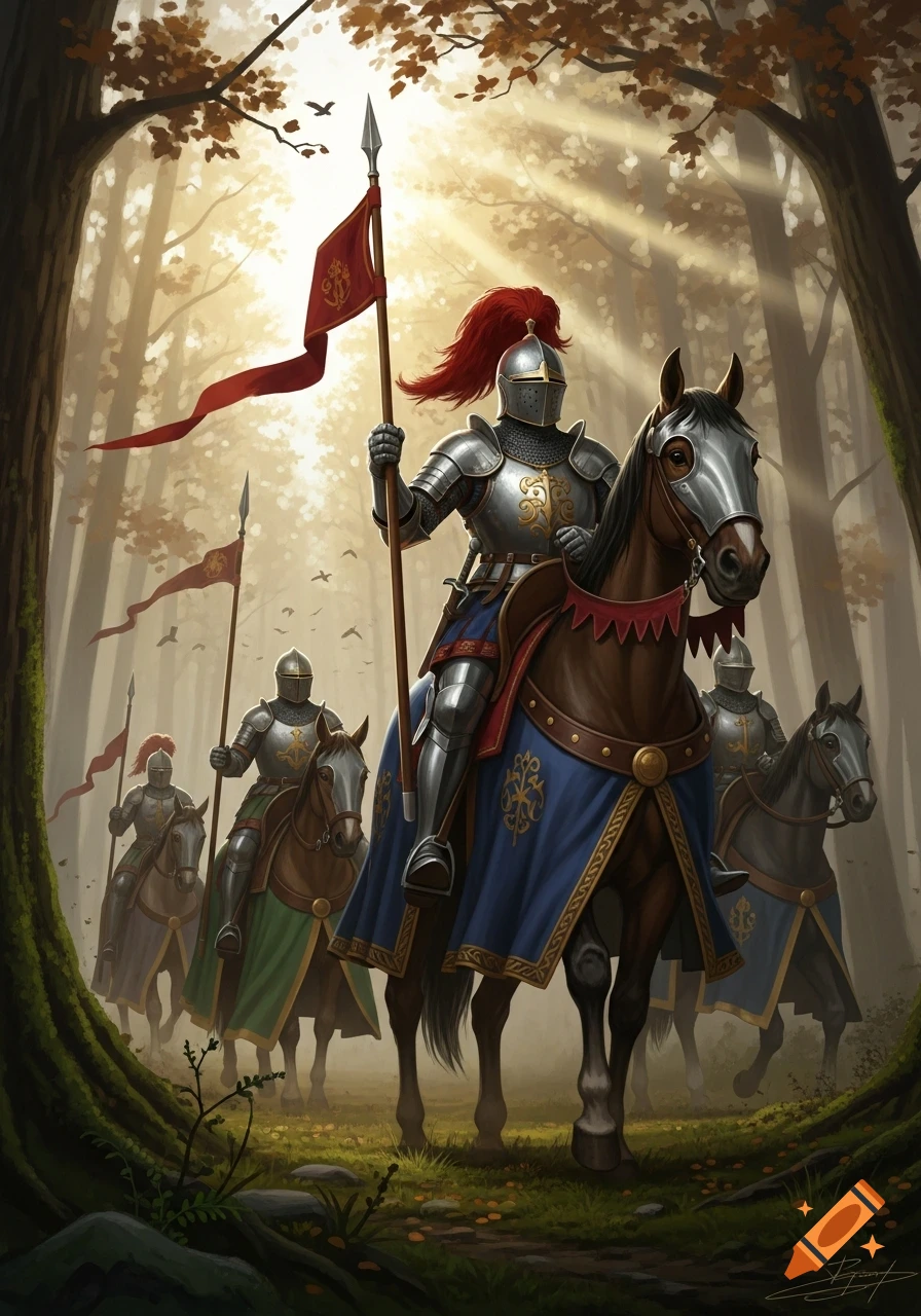 Knights in full armor ride horses through a sun-dappled autumn forest, a red banner held high.
