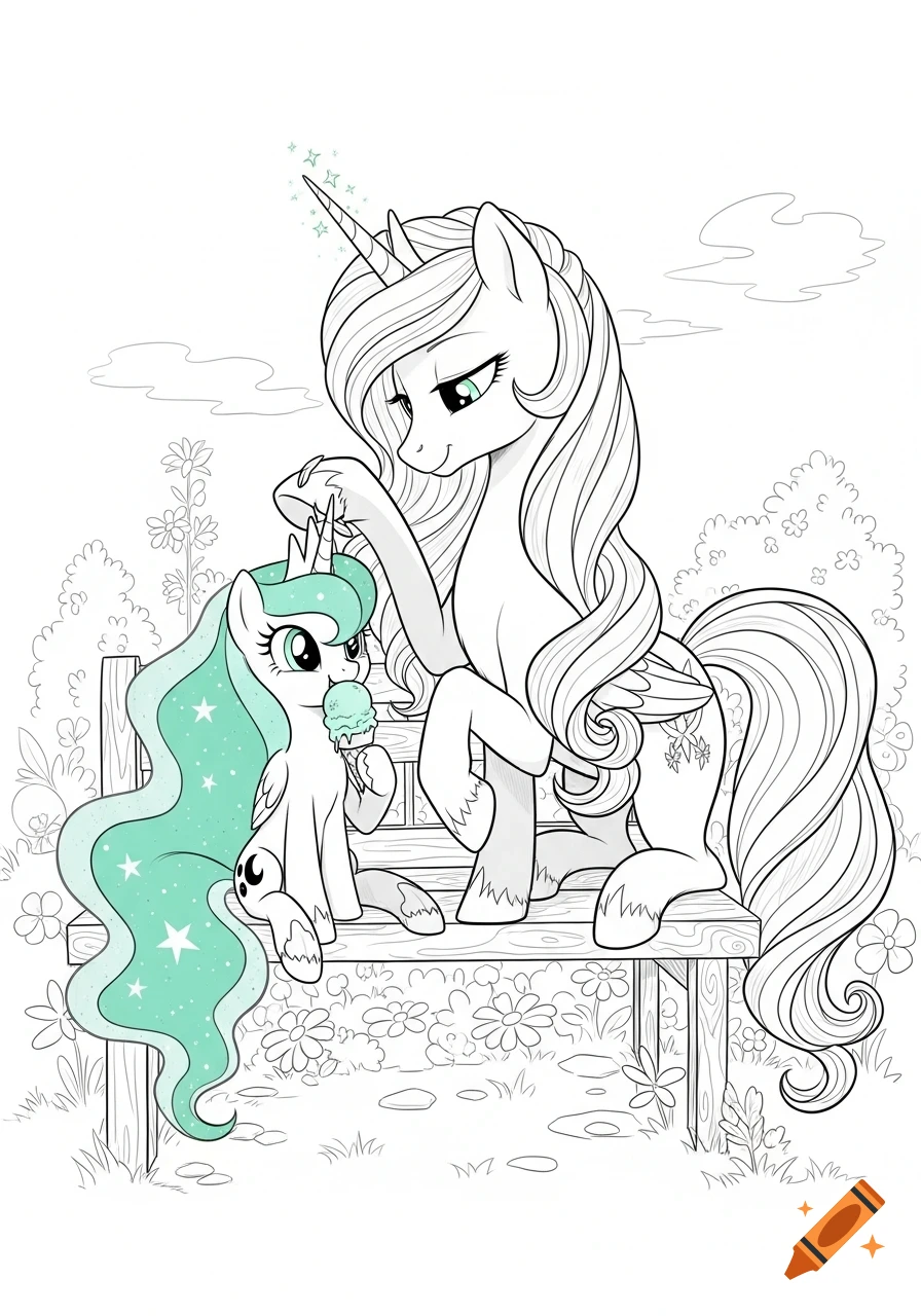 A filly alicorn pony with a teal, starry mane eats ice cream on a bench while an adult alicorn pony gently ruffles her mane in a line art style.