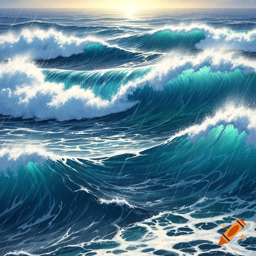 Vibrant illustration of large blue and teal ocean waves crashing under a bright, distant sun with rain falling.