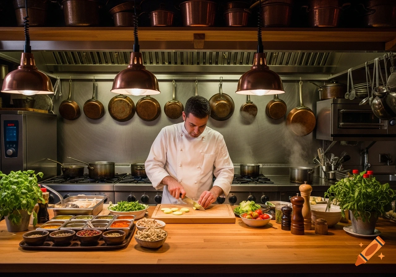 A chef in a white uniform chops vegetables on a wooden cutting board in a professional kitchen with various ingredients and copper pots.