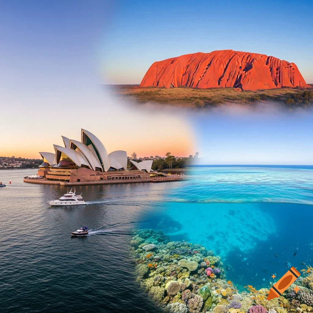 Photorealistic collage of Australian landmarks: Uluru, Sydney Opera House, and the Great Barrier Reef underwater.