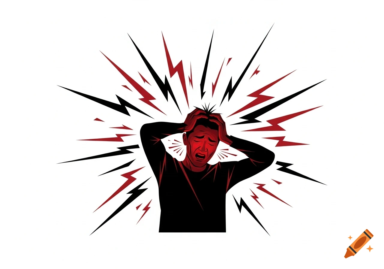 Stylized illustration of a person holding their head in pain, with red and black jagged lines representing distress on a white background.