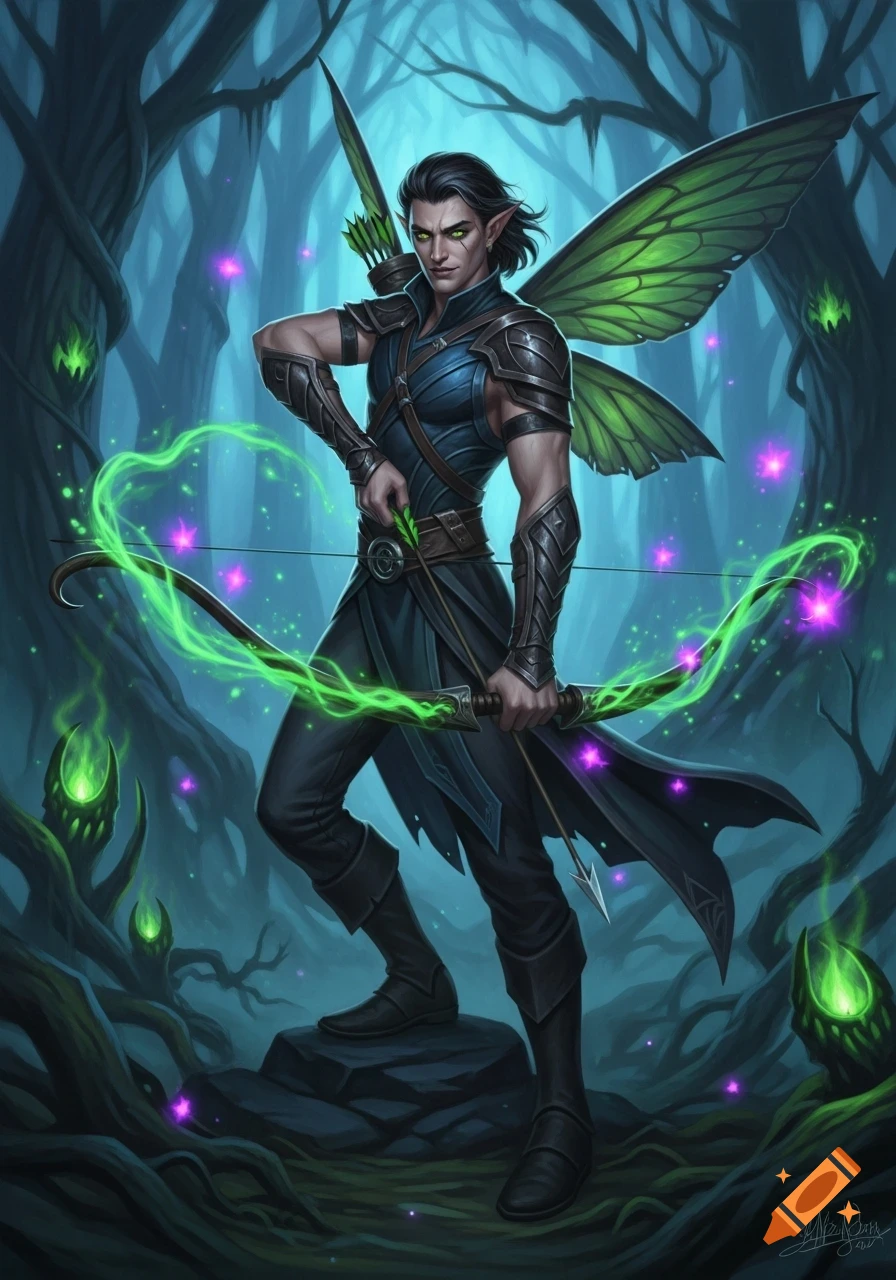 A male Fey Wanderer with green fairy wings and glowing eyes, wielding a neon green bow in a mystical dark forest.