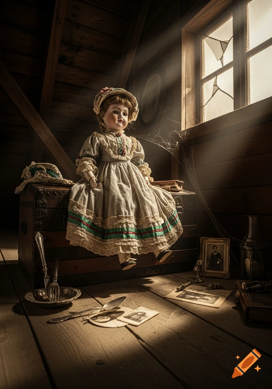 A vintage doll with a patterned dress and bonnet sits on a wooden chest in a dusty attic, illuminated by sunlight through a broken window.