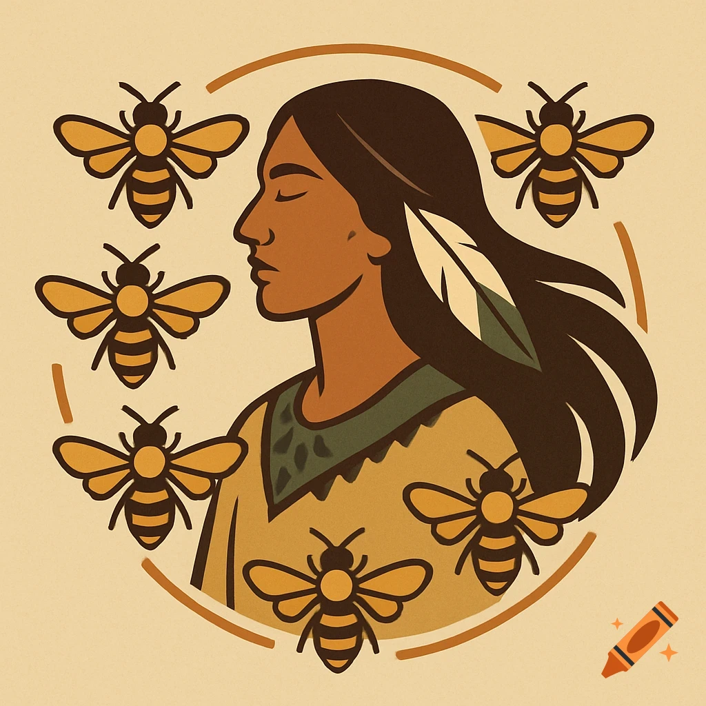 Stylized illustration of an American Indian woman in profile with closed eyes, surrounded by honey bees within a circular border.